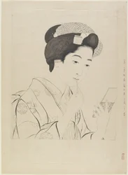 Dibujo a tinta de mujer sosteniendo un pincel de labios, 1919